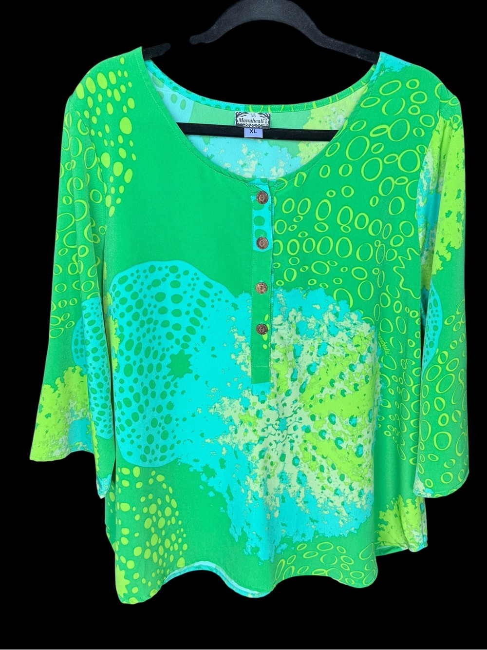 Manuhealii tunic top rolled sleeves 4 button pullover size XL polyester